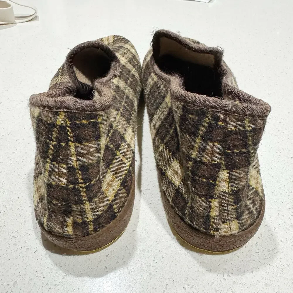 Casa Hernanz Spain‎ Pure Virgin Wool Plaid Brown Slippers 11.5 Grandpa